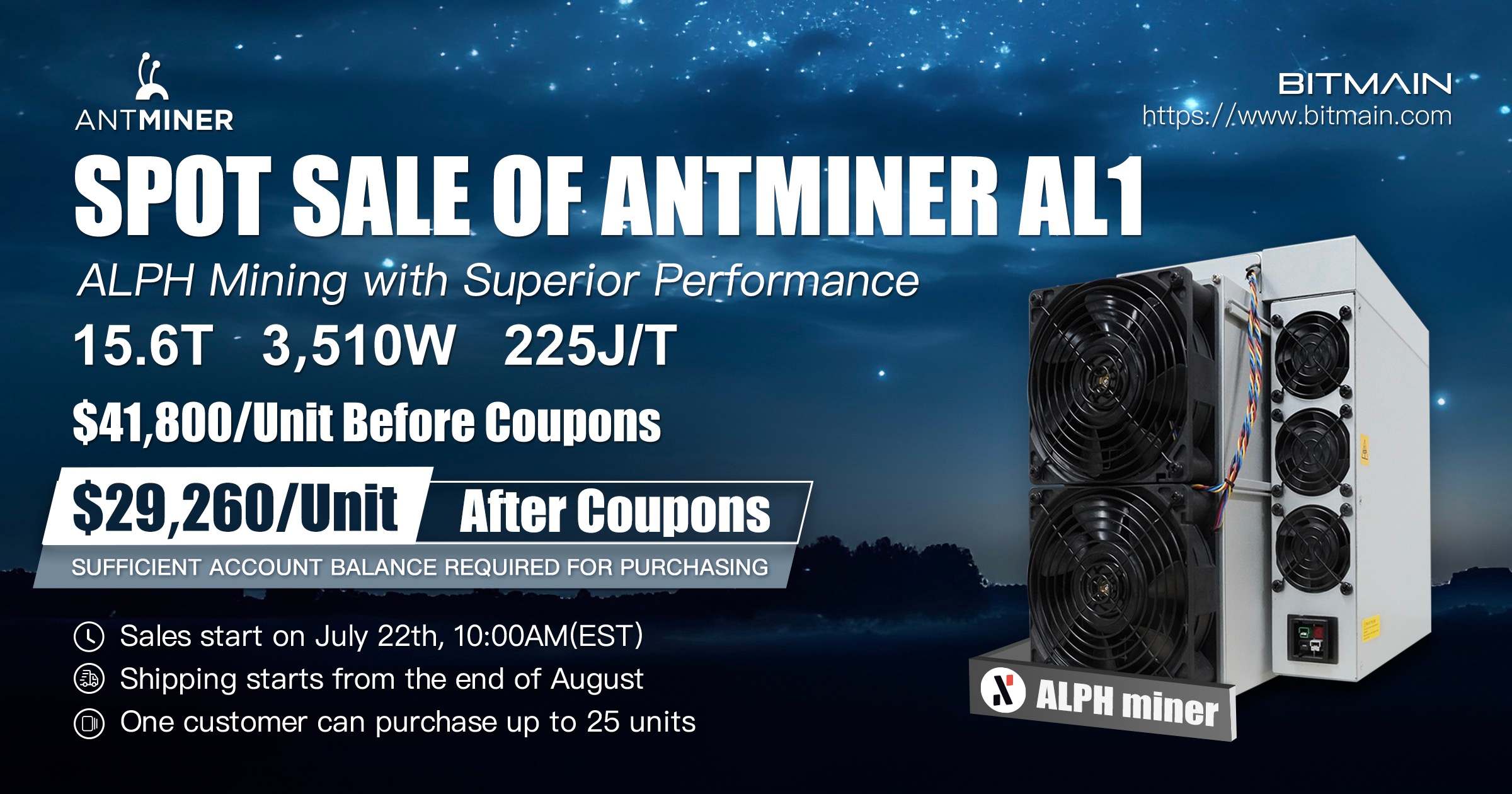 Stunning Bitmain Antminer AL1 15.6TH/s 3510W Alephium Miner Blake3  algorithm - X ON MINING